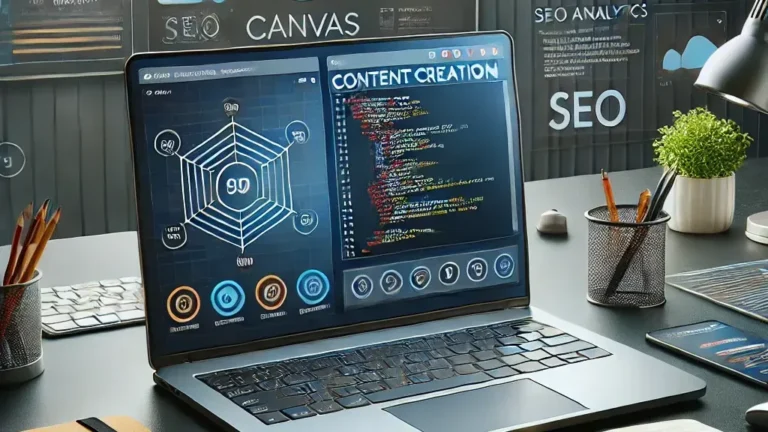 Discover ChatGPT New Canvas: Game-Changer for SEO Professional 6 ChatGpte New Canvas post featureed image with laptop showing an AI app